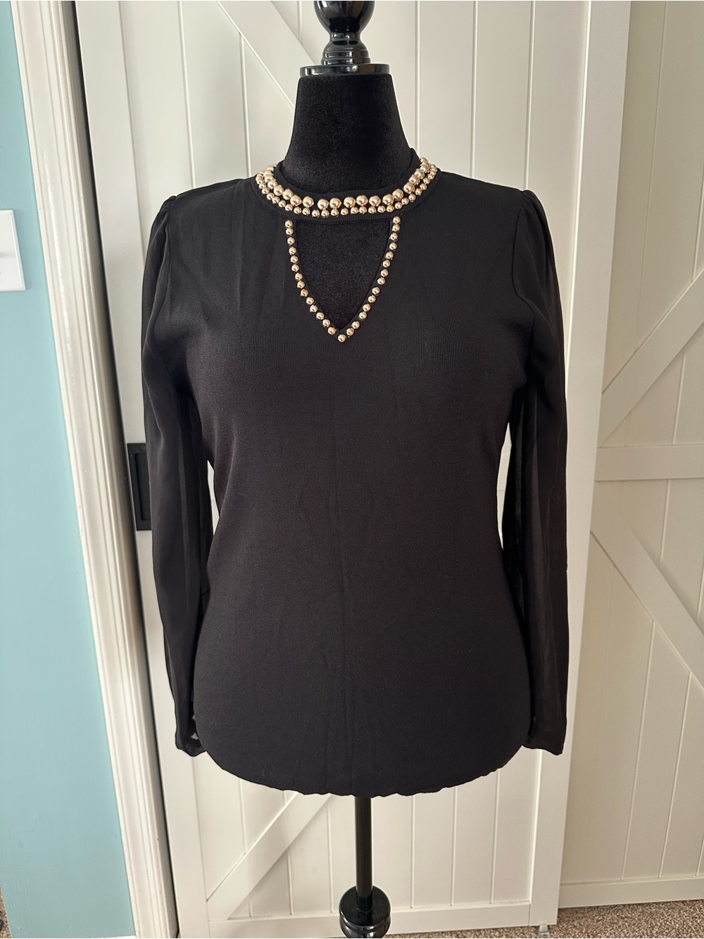 INC International Concepts XXL Black Gold Studded Cutout Sheer Sleeve Top NWT